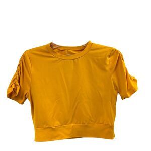 Daz Women's Mustard Yellow Puff Sleeve Crop Top Twist Knot M Stretch Round Neck
